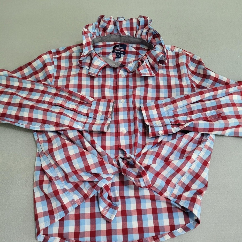 Upcycled Reworked Ruffle Collar Long Sleeve Button Up Oxford Shirt Size L - Picture 2 of 10